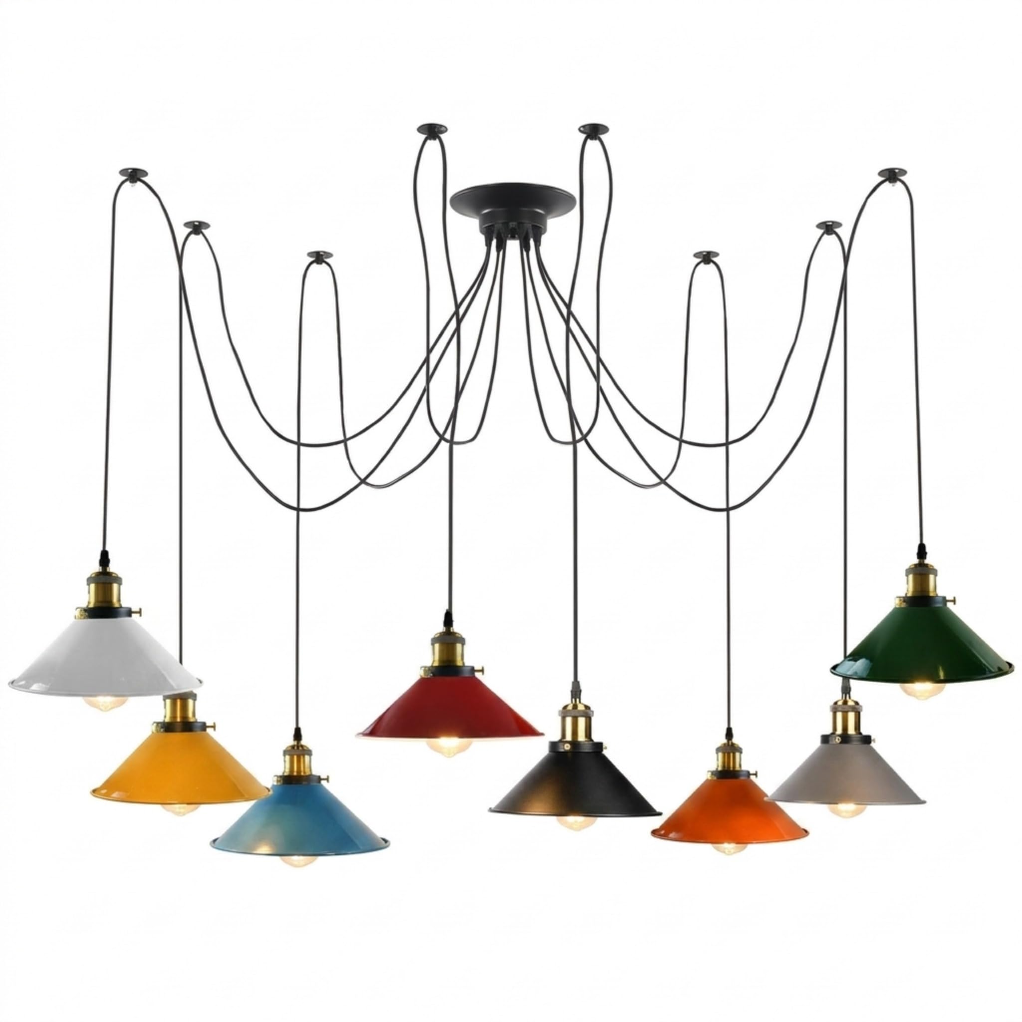 DC VOLTAGE 8 Way Spider Light Ceiling Pendant with 195cm Adjustable Cable, Metal Cone Shade E27 Industrial Hanging Chandelier for Living Room, Dining Room, Cafe, Bar, Kitchen (with Bulb)