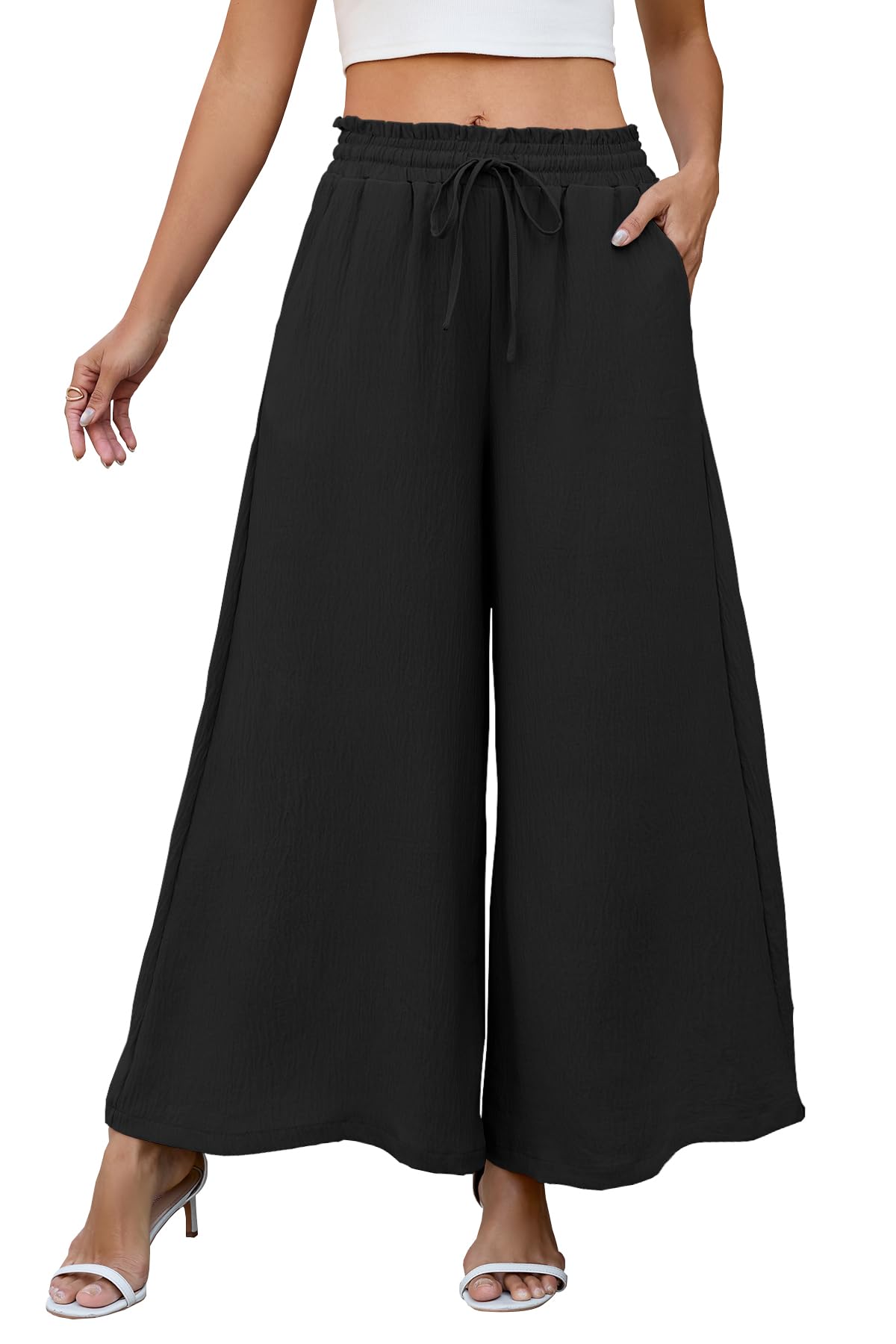 POMTIMCO Sommerhose Damen Leicht Hohe Taille Palazzo Hose Weite Stoffhose | Lang weite bein,atmungsaktive hose für freizeit strand alltag, leichter stoff, ideal für sommer und herbst