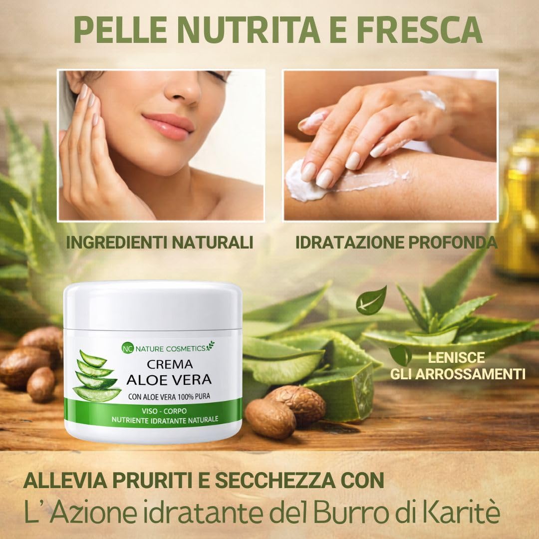 Kit 2 Prodotti Aloe Vera: Gel Puro 99% + Crema Viso Corpo con Burro di Karité e Olio di Argan – Idratante, Nutriente, Lenitiva – Pelle Secca e Sensibile - Uso Quotidiano - Made in Italy