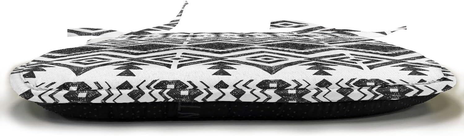 Lunarable Tribal Chair Seating Cushion Set of 4, Hand Drawn Style Ethnic Pattern Geometric and Oranmental Aztec Design Print, Anti-Slip Seat Padding for Kitchen & Patio, 16"x16", White and Black