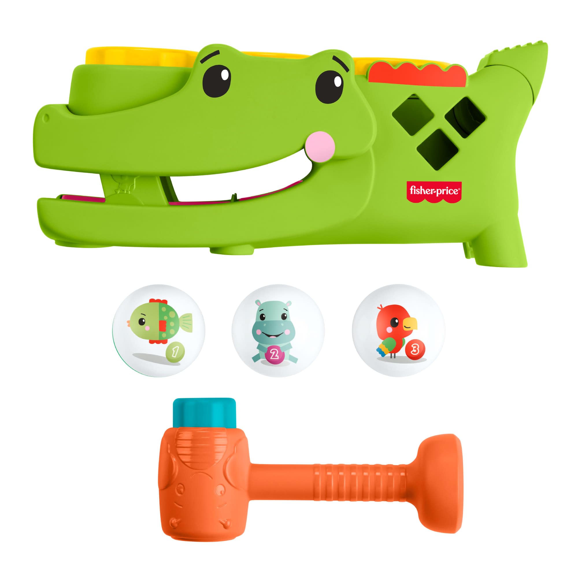 Fisher-Price Krokodyl Przebijanka aktywizująca z piłeczkami, zestaw zachęcający do raczkowania, młoteczek i 3 piłeczki, zabawka rozwojowa dla dzieci od 9 miesiąca życia, JLB94