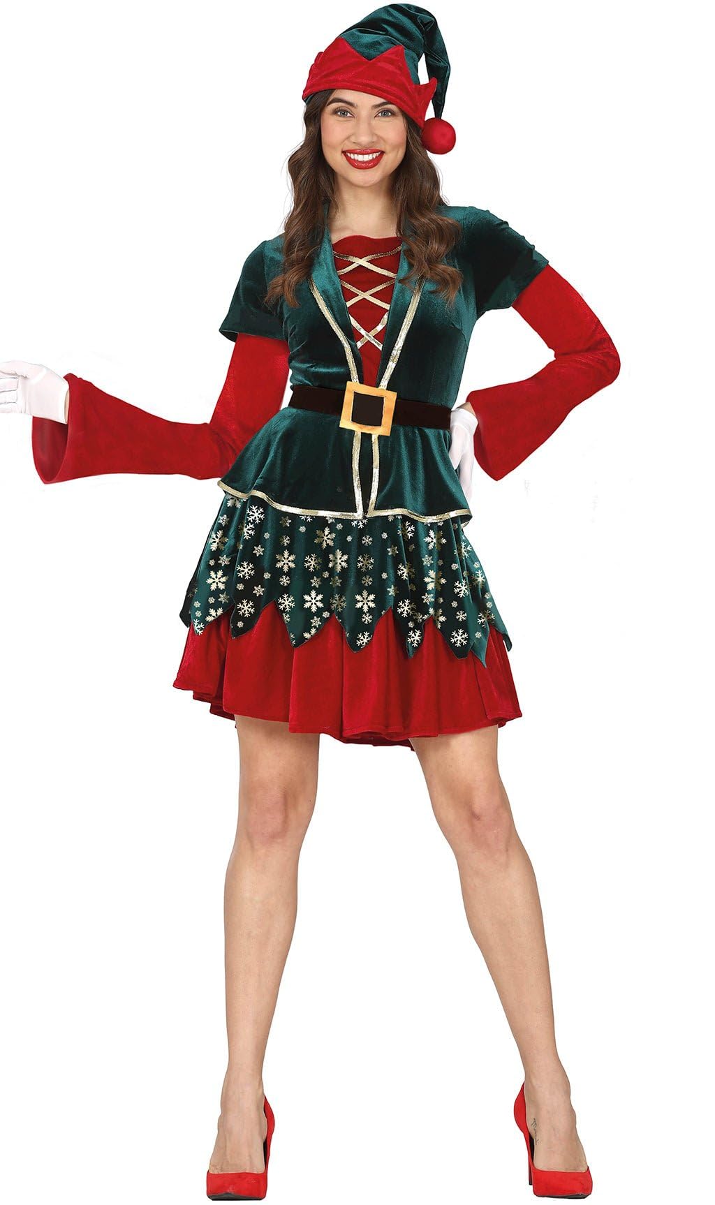 Costume de Elfa Adulte - Robe, Gilet, Ceinture et Bonnet - Costumes de Contes, Fées et Fêtes de Fin d'Année et Célébrations - Idéal pour Femmes - Rouge et Vert