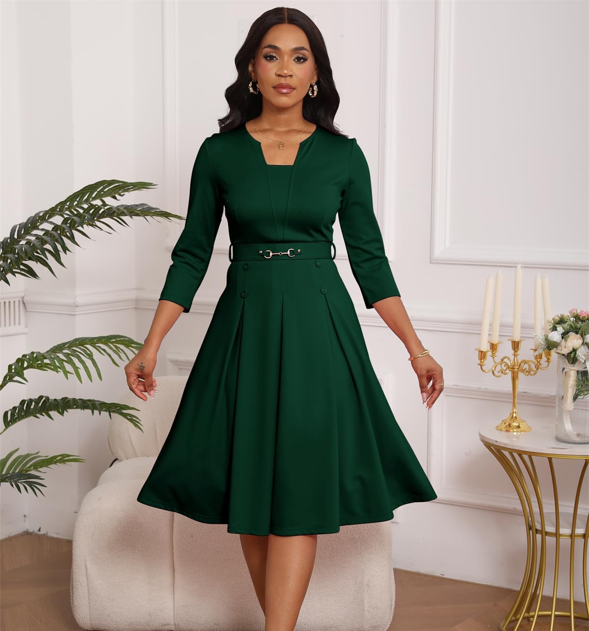 Elainone Womens 3/4 Sleeves Casual A Line Dress with Belt Church Work Wedding Guest Semi Formal Dresses - Image 2