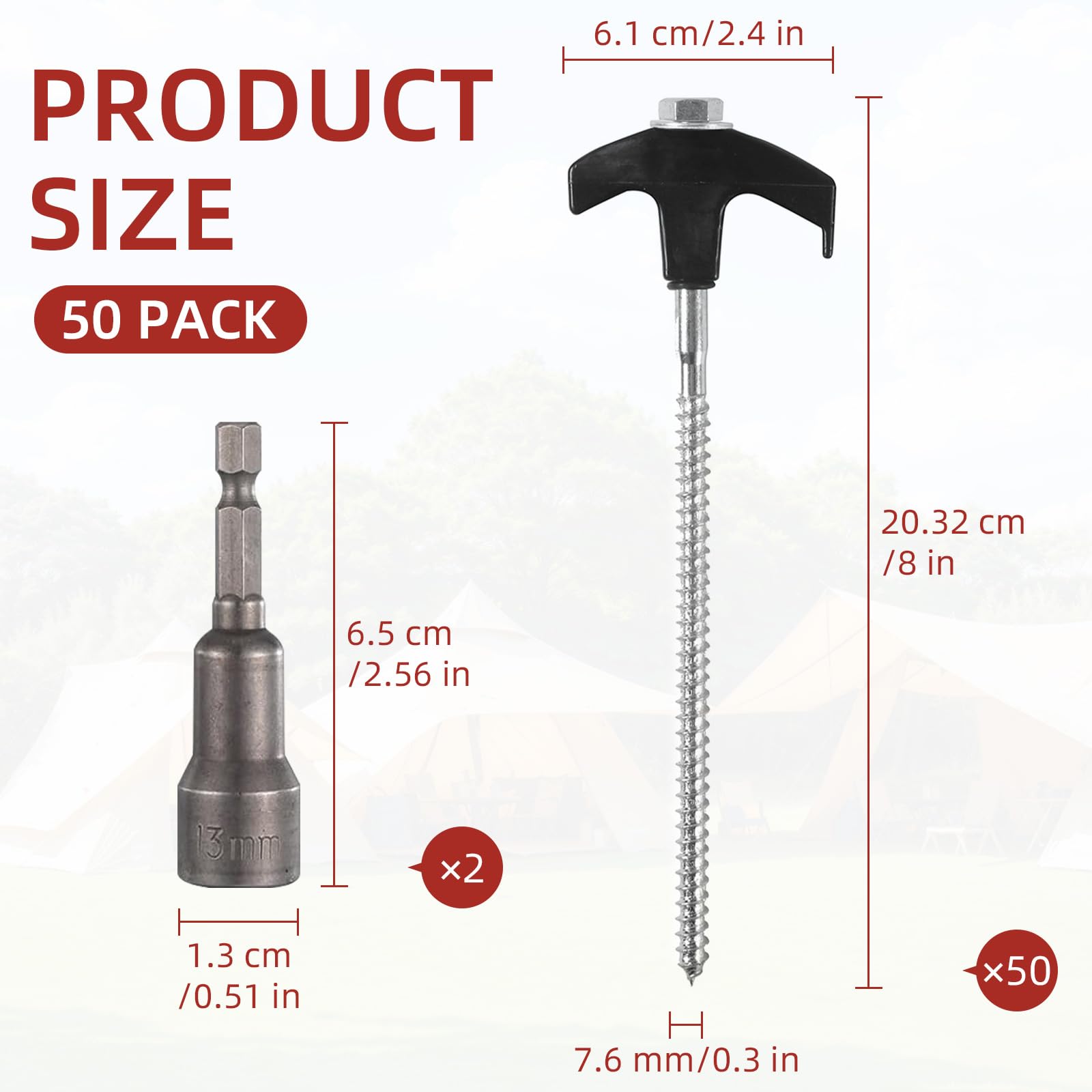 Lot de 50 piquets de tente robustes à visser de 20,3 cm avec tête hexagonale pour camping, jardin, cour (noir)
