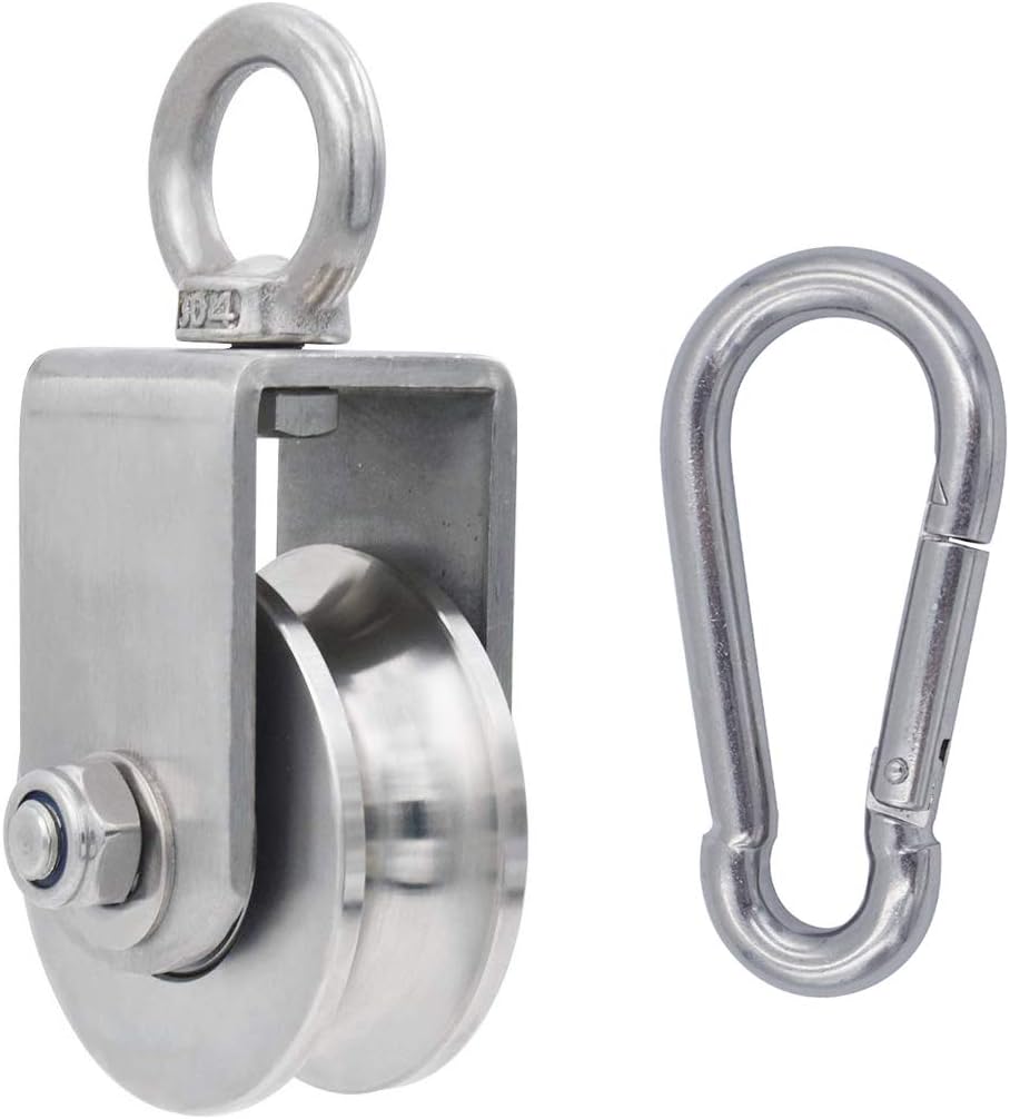 1PCS U Type Single Wheel Pulley + Carabiner Block Heavy Duty Duplex Bearing 304 Stainless Steel 360 Degree Rotation Smooth Loading 1760lb/800 Kg