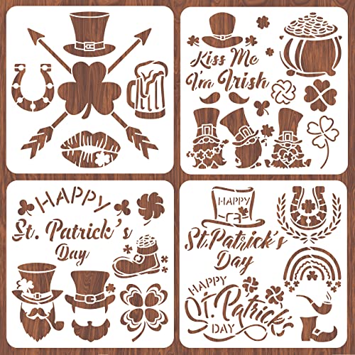 INFUNLY 4pcs St Patrick's Day Stencils for Painting 11.8x11.8 Shamrock Stencil Reusable Hat Horseshoe Lucky Stencils Drawing Template for Painting on Wood Window Glass Home Decor