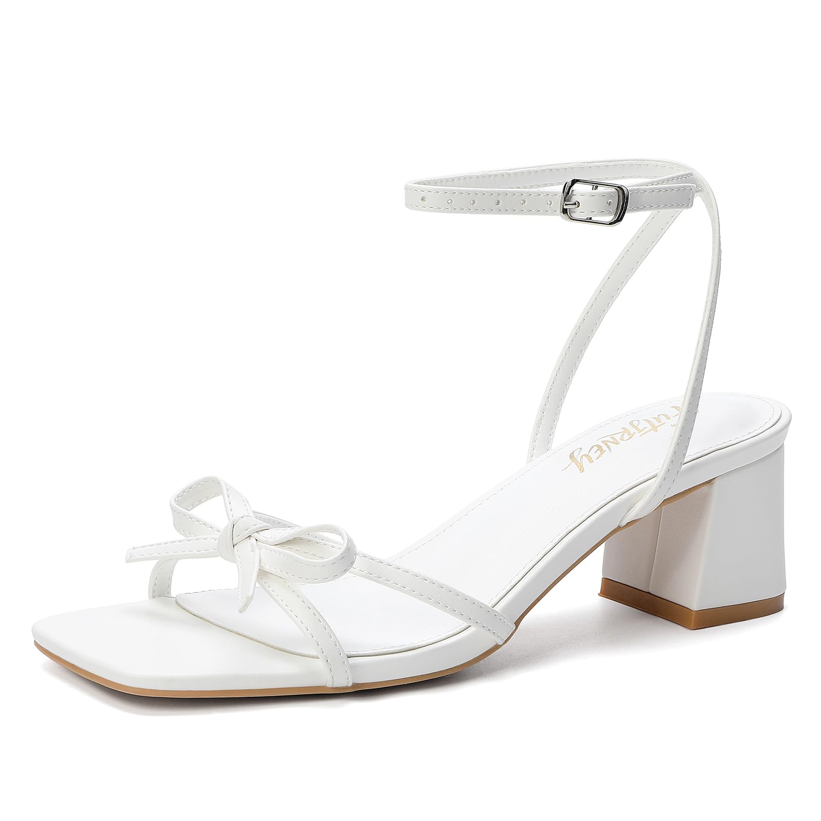 Women's Bow Strappy Heels Block Chunky Square Open Toe Low Heels Dress Sandals for Wedding Party