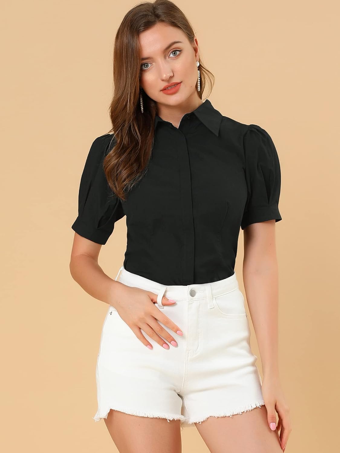 Allegra K Women's Work Office Button Down Shirt Puff Sleeve Collared Short Sleeve Fashion Top - Image 3