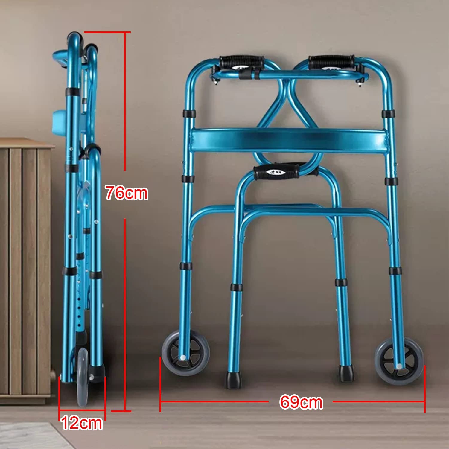 Andador plegable con ruedas y asiento suave, andador de aluminio ligero para personas mayores, andador ajustable en altura para ayuda de movilidad y rehabilitación