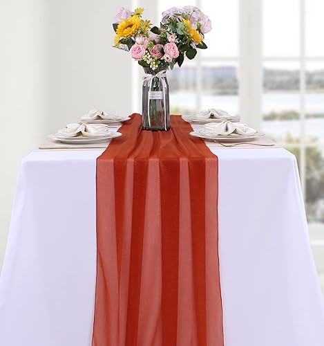 Miniatura 4 de SAJOO 4 caminos de mesa de gasa terracota de 30 x 120 pulgadas, rústicos y bohemios, manteles de gasa transparente de 10 pies para decoración de