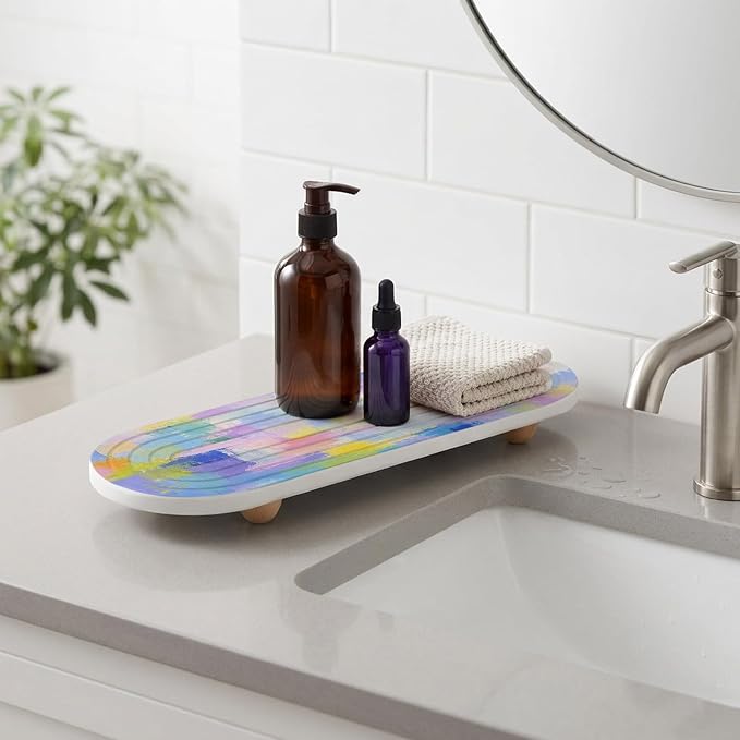 2 PCS Bandejas absorbentes de pintura azul y morado de diatomita, diseño ovalado 12x4 pulgadas, bandeja absorbente para baño y cocina con diseño ranurado miniatura 9