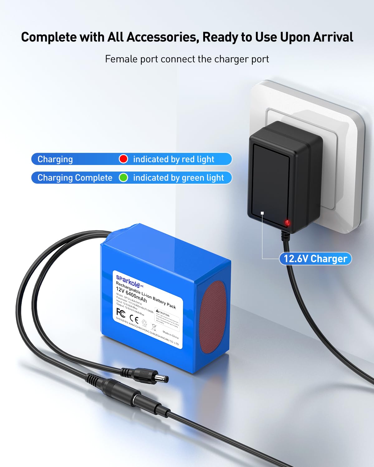 Batería recargable de iones de litio de 12 V 6400 mAh con cargador, cables desnudos, paquete de batería de 12 V DC5521 puerto para tira LED, router, radio, cámara CCTV, proyecto de bricolaje, panel