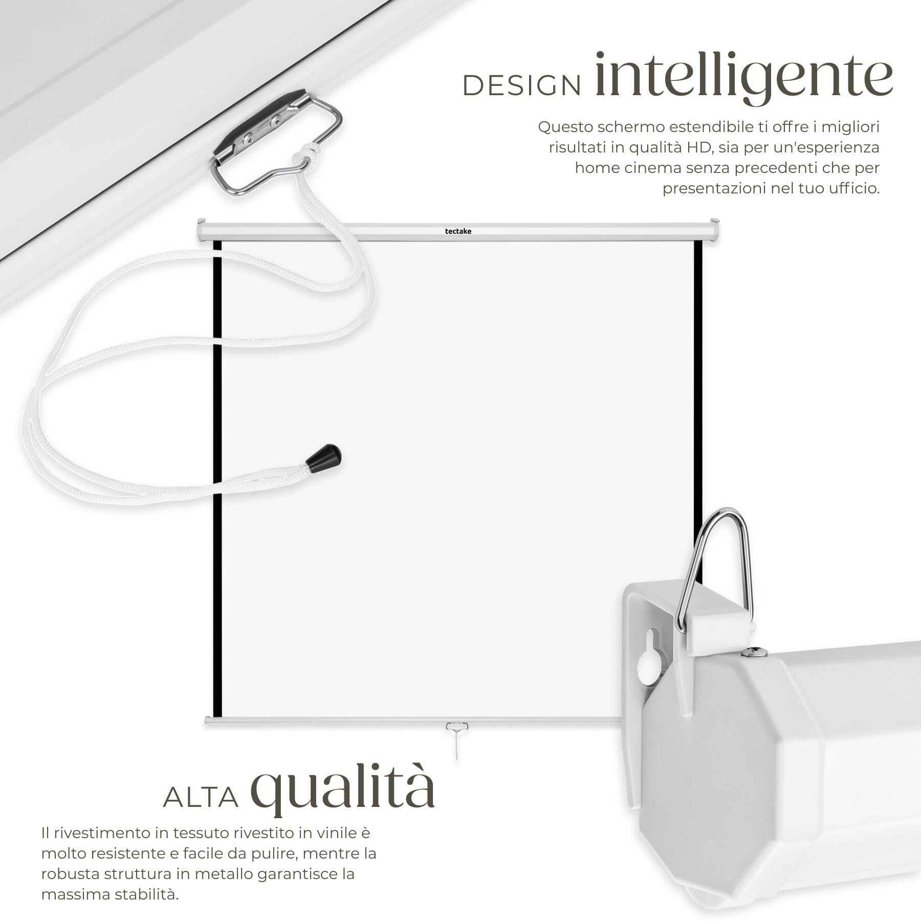 tectake® Schermo Proiettore 152x152cm, Avvolgibile, Diagonale 84", Gain Factor1.0, Formati 1:1, 4:3, 16:9, Schermo a Parete, Soffitto, Cinema a Casa, Home Cinema, Ufficio, Ottimizzato per HDTV e 3D