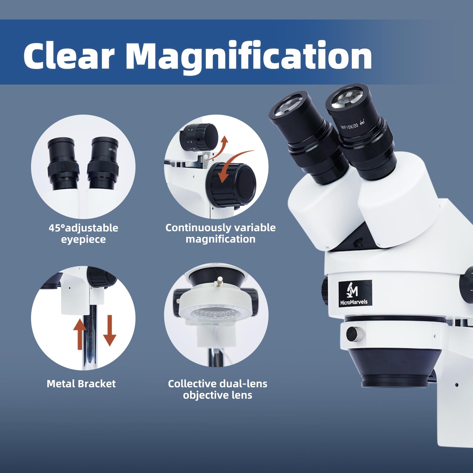 Microscopio estéreo binocular profesional de aumento 7X-45X con anillo de luz LED, doble enfoque grueso y fino, base ancha para reparación de PCB, joyas, observación de minerales