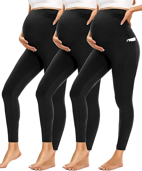 HIGHDAYS Womens Maternity Leggings with Pockets Over The Belly,3 Packs Pregnancy Soft Workout Activewear Yoga Tights Pants