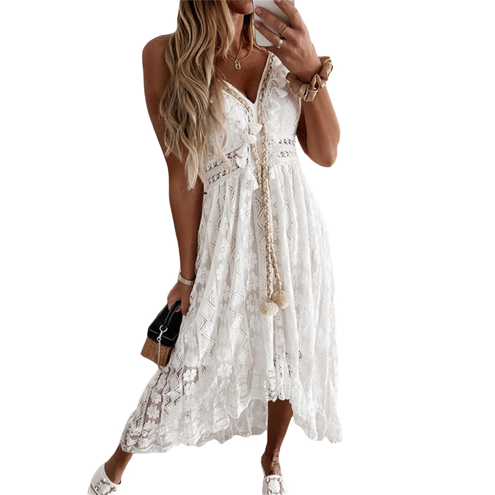 Geagodelia Cache-Maillots de Bain Bikini Longue Décolleté col en v en Bretelle Robe de Plage sans Manches Imprimée Florale Franges Transparent Maxi Ample Beachwear