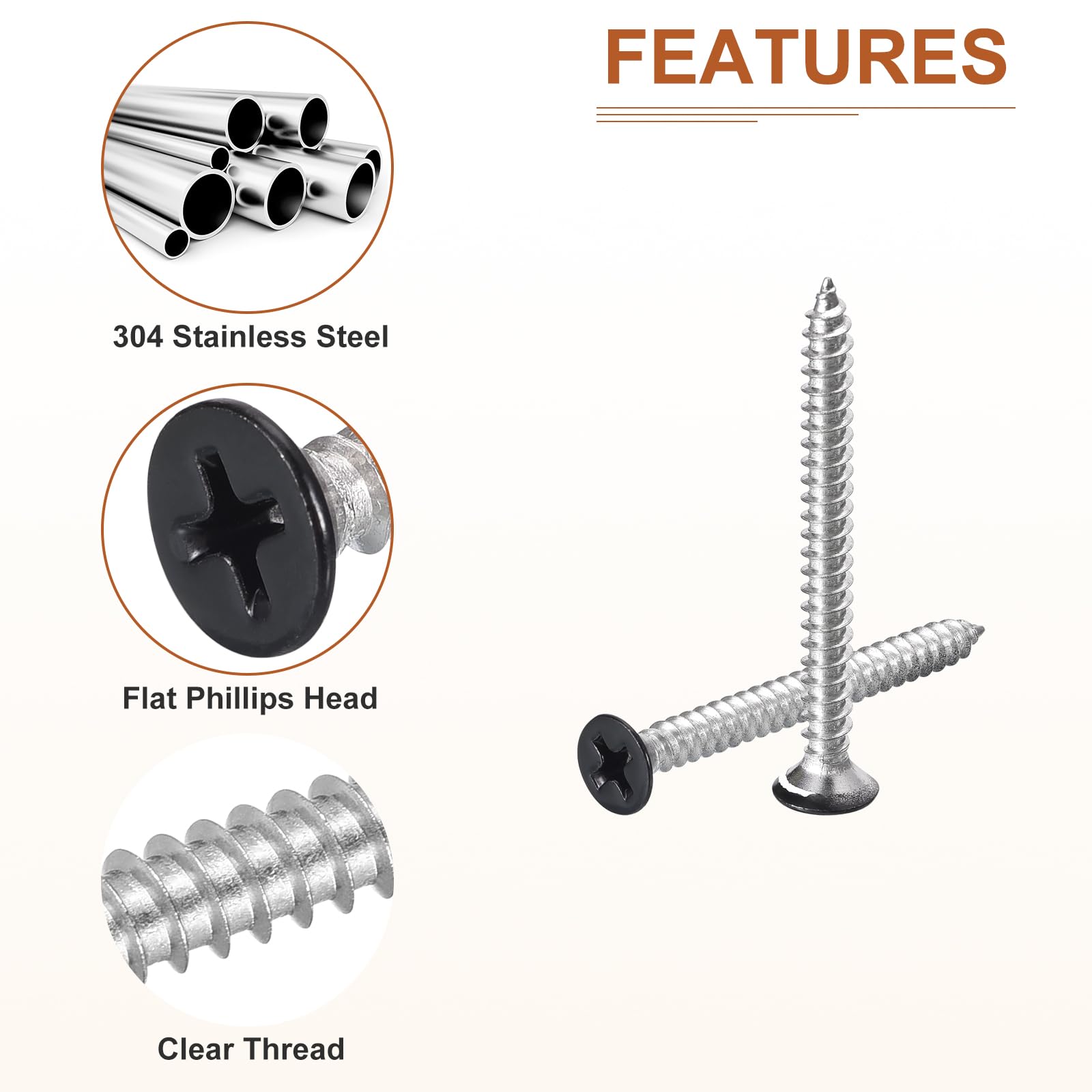 DTGN 100Pcs #6x1-1/2" Flat Head Wood Screws, 304 Stainless Steel Black Phillips Self Tapping Screws - Image 4