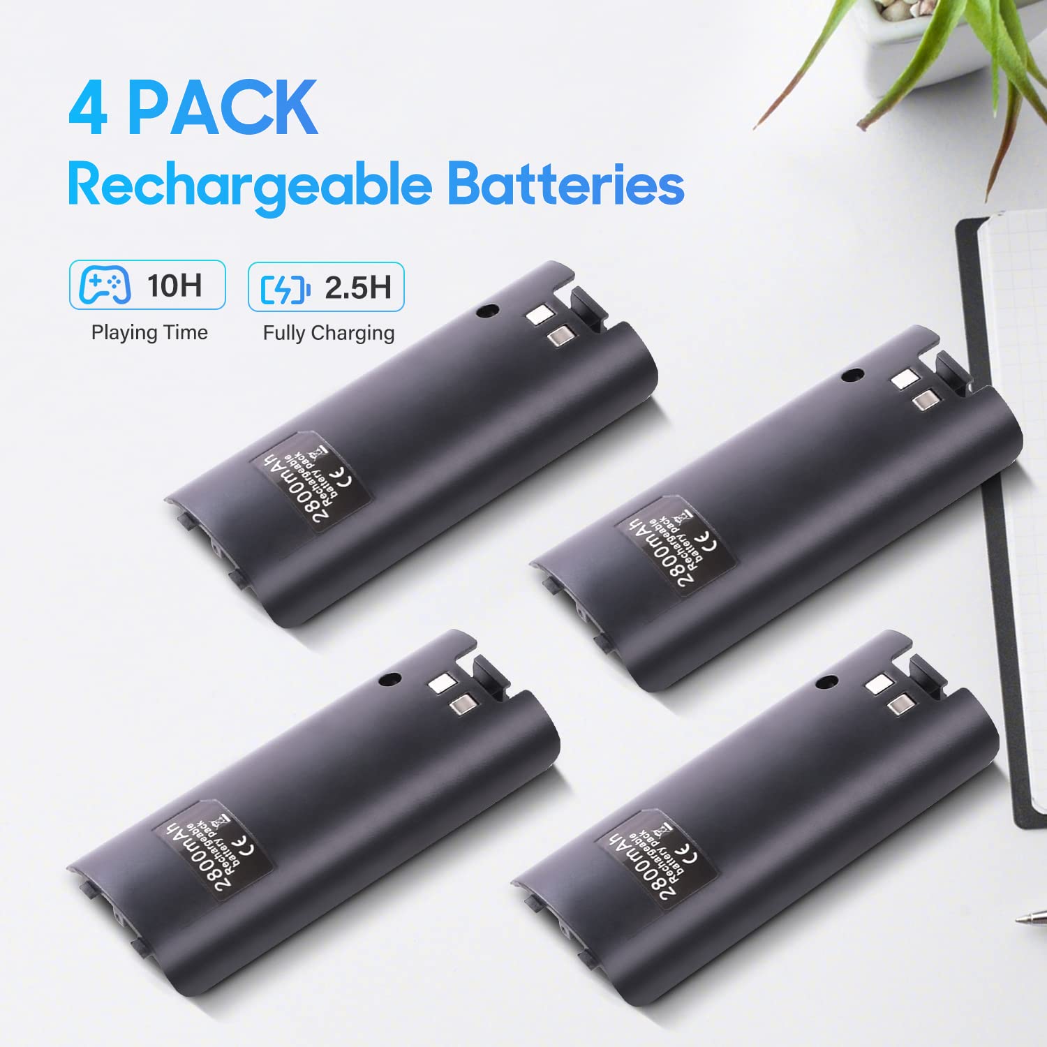 TechKen Wii Battery Charger Set, Wii Remote Controller Charger Docking Station con 4 Batterie Ricaricabili (Nero)