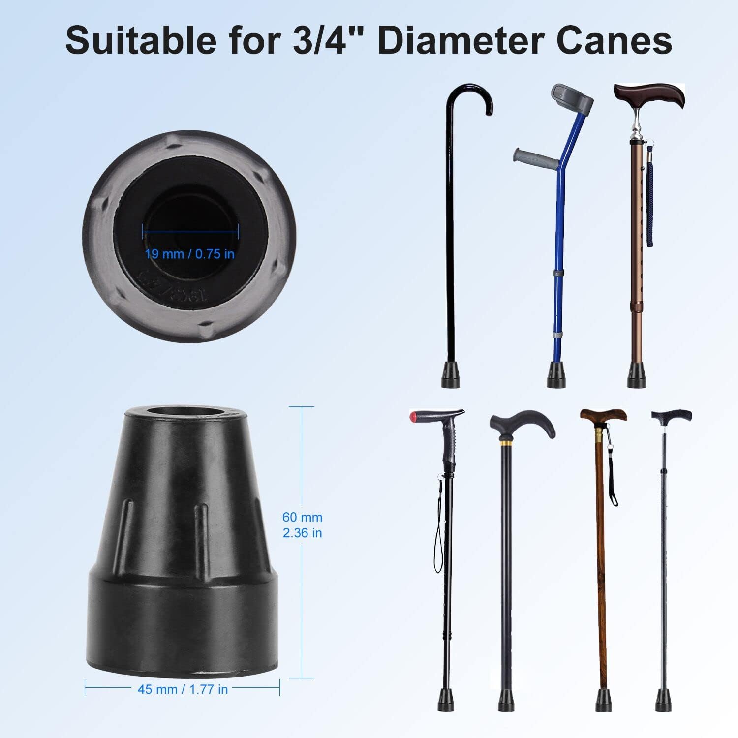 supregear Rubber Cane Tips (Set of 2) - Heavy Duty Replacement for Walking Canes or Sticks, 3/4 Inch Foot Caps, Extra Widen Black Attachment Base Grip, Durable End for Women, Men, Seniors, Elderly
