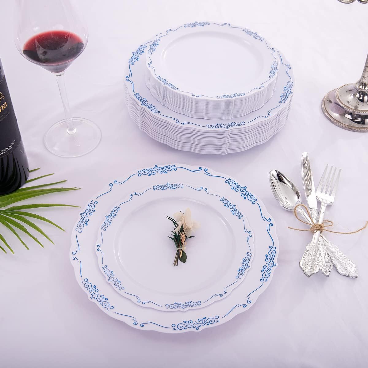 DaYammi 60PCS Blue and White Plastic Plates Blue Rim White Disposable Plates Blue White Party plates Include:30 Plastic Dinner Plate 30 Dessert plate and Wedding & Party Dining