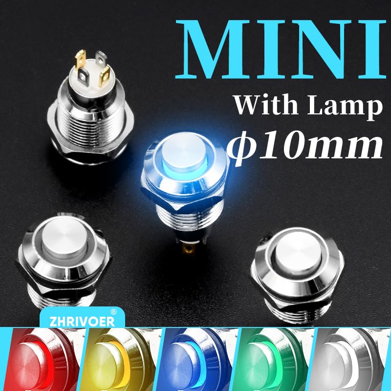1pc 10mm Metal Push Button Switch with LED Indicator Self-Reset Momentary 4pins High Head 3v5v12v24v220v(Red,12-24V)