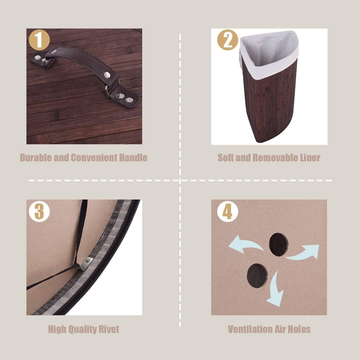 GOFLAME Corner Bamboo Laundry Hamper with Lid and Removable Liner, Washing Clothes Basket Storage Bin with Handle, Suitable for Bedroom, Bathroom, Laundry (Brown)