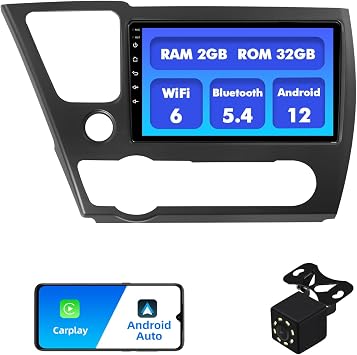 2+32G Android 12 Double Din Car Stereo for Honda Civic 2013-2015 with 9 Inch Touchscreen Radio Built-in Wireless Carplay/Android Auto/GPS/Bluetooth/FM/AUX-in/SWC/Backup Camera with Air Outlet