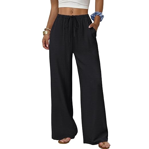 Sampeel Wide Leg Pants for Women Flowy Palazzo Drawstring Elastic Waist Trousers with Pockets Summer Beach Vacation Clothes
