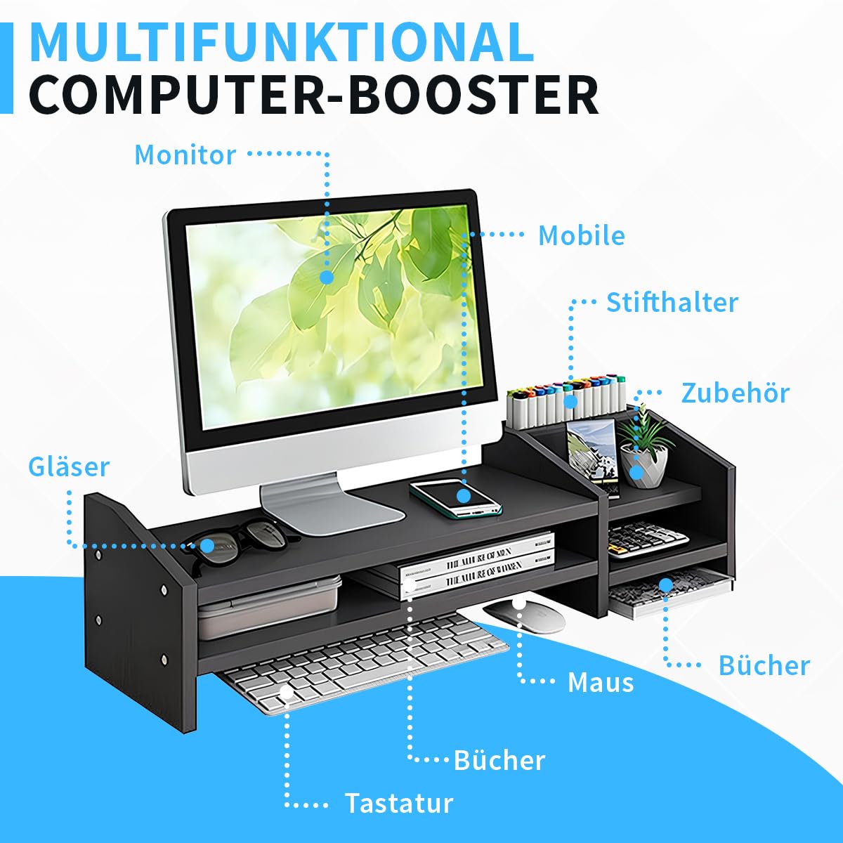Fleau Home Monitorerhöhung – Laptopständer – Laptoperhöhung – Schreibtisch-Organizer – Bildschirmerhöhung – Holz (Schwarz)