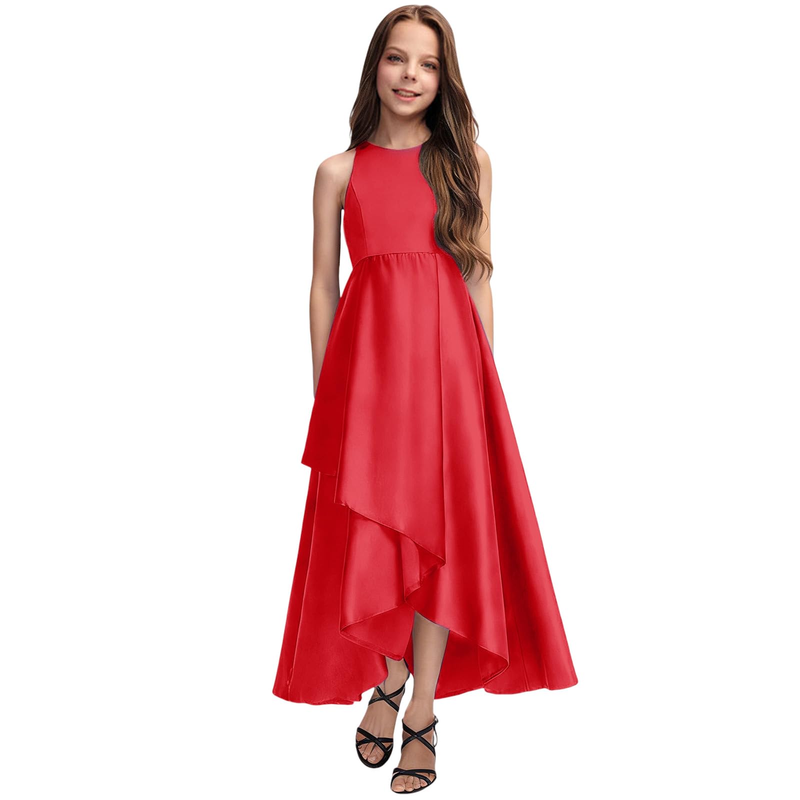 Ärmellos Rüschen Rückenfreies Satin Kleid Mädchen A-Linie Elegant Abendkleid Festlich Hochzeitskleid Mode Blumenmädchenkleider Sommer Prinzessin Kleid Lässig Brautjungfer Sundress