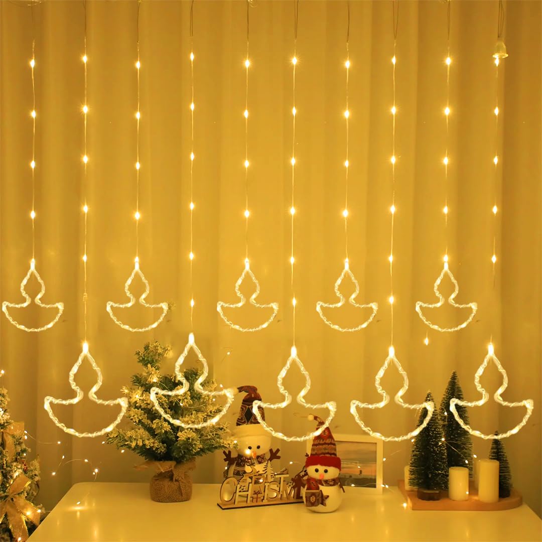 fizzytech Fairy Diya Curtain LED String Light 10 Diyas 96 LED, 3 Meter (5+5) with 8 Modes Window Curtain Decorative Light for Home Decoration, Plug-in (Warm White)