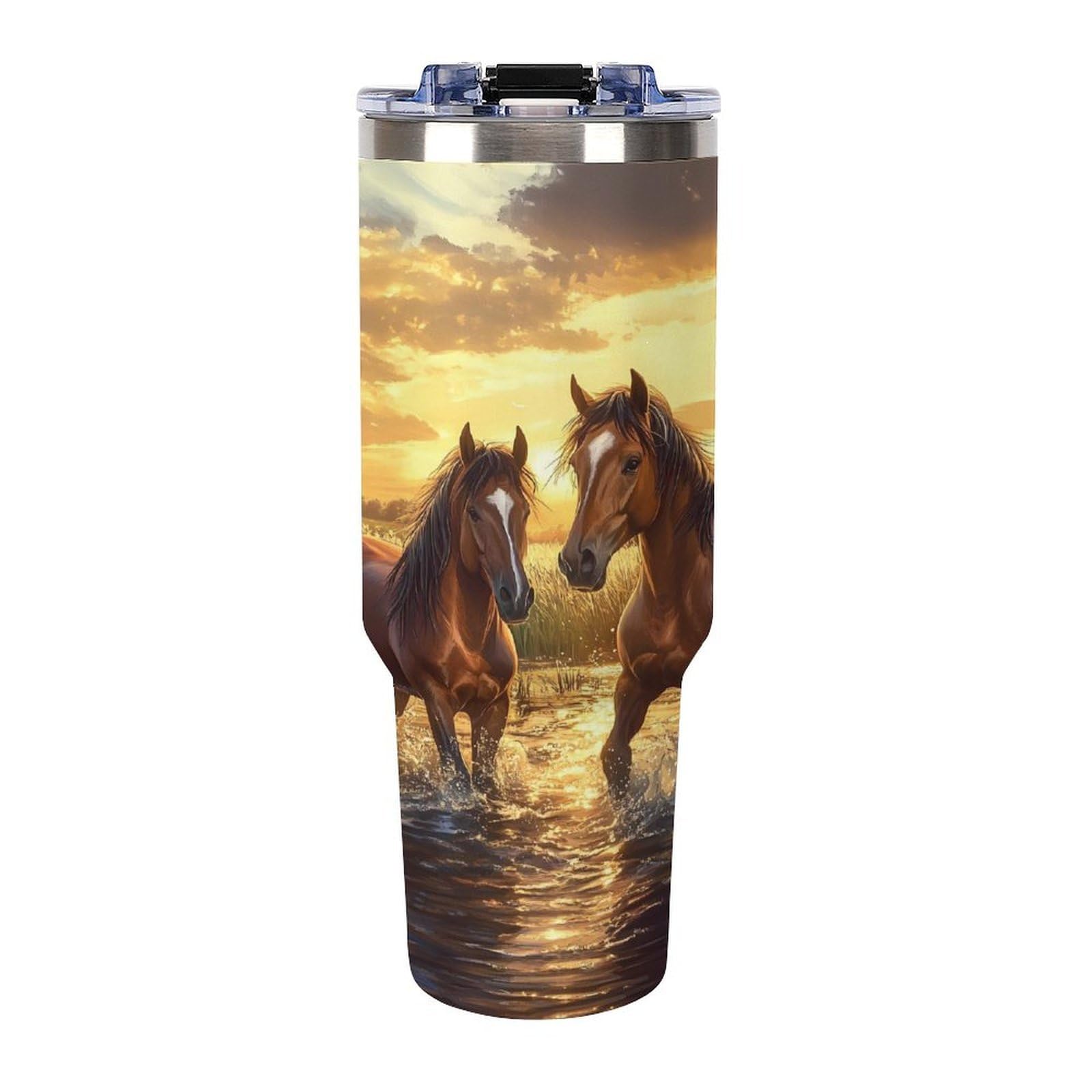 Reise-Kaffeebecher mit Griff, Motiv: Pferd, Sonnenuntergang, 1,2 l, große Kapazität, Autobecher, Wasserflasche