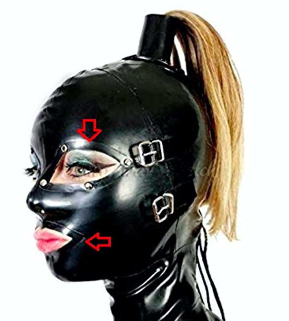 BDSM Máscara de cabeza de látex Capucha Disfraces de fetiche Restricciones eróticas Máscara extraíble para ojos y boca