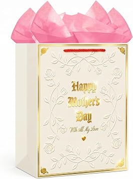 D4DREAM Bag - 11.5 Medium Happy Mothers Day Paper Gift Bag with Tissue Paper and Handles Elegant Embossed Rose Gift Wrap Bag for Mom Nana Grandma Wife Sister