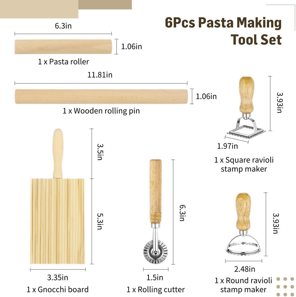 6-Piece Pasta Tool Set For Homemade Noodles, Ravioli, And Gnocchi, Includes Rollers, Stamps, Cutter & Board For Kitchen Dough Prep