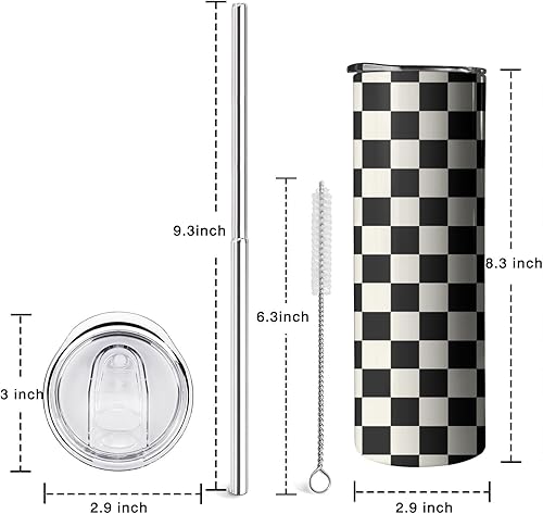 Miniatura 2 de Ceovfoi Vaso a cuadros blanco y negro de 20 onzas con tapa de asa y pajilla, vaso a cuadros, botella de agua, taza de café de viaje, taza de café,