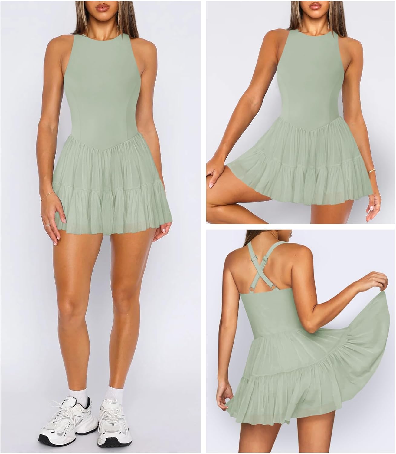 Women's Flowy Pleated Ruffle Tennis Athletic Dress for Women Summer Boat Neck Sleeveless Mini Golf Dress Shorts Pockets - Image 3