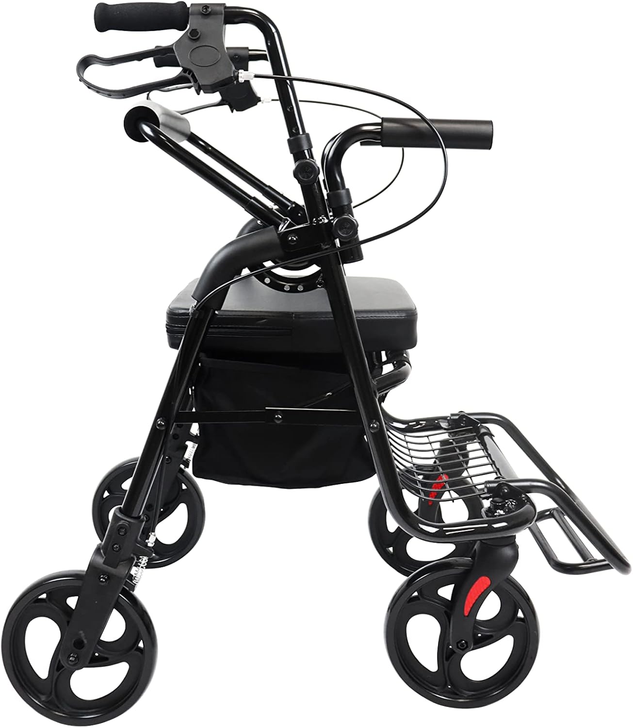 Close-up of the KMINA storage bag attached to the rollator frame, showing the bag's capacity and attachment points.