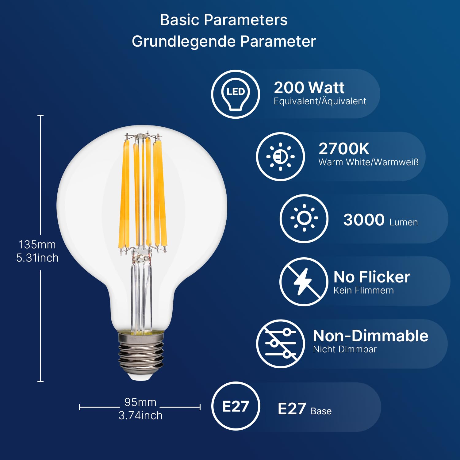 FLSNT E27 Screw Bulb 200W Equivalent, 3000LM Ultra Bright LED Light Bulb, 18W G95 LED Edison Screw Bulb, 2700K Warm White - Image 2