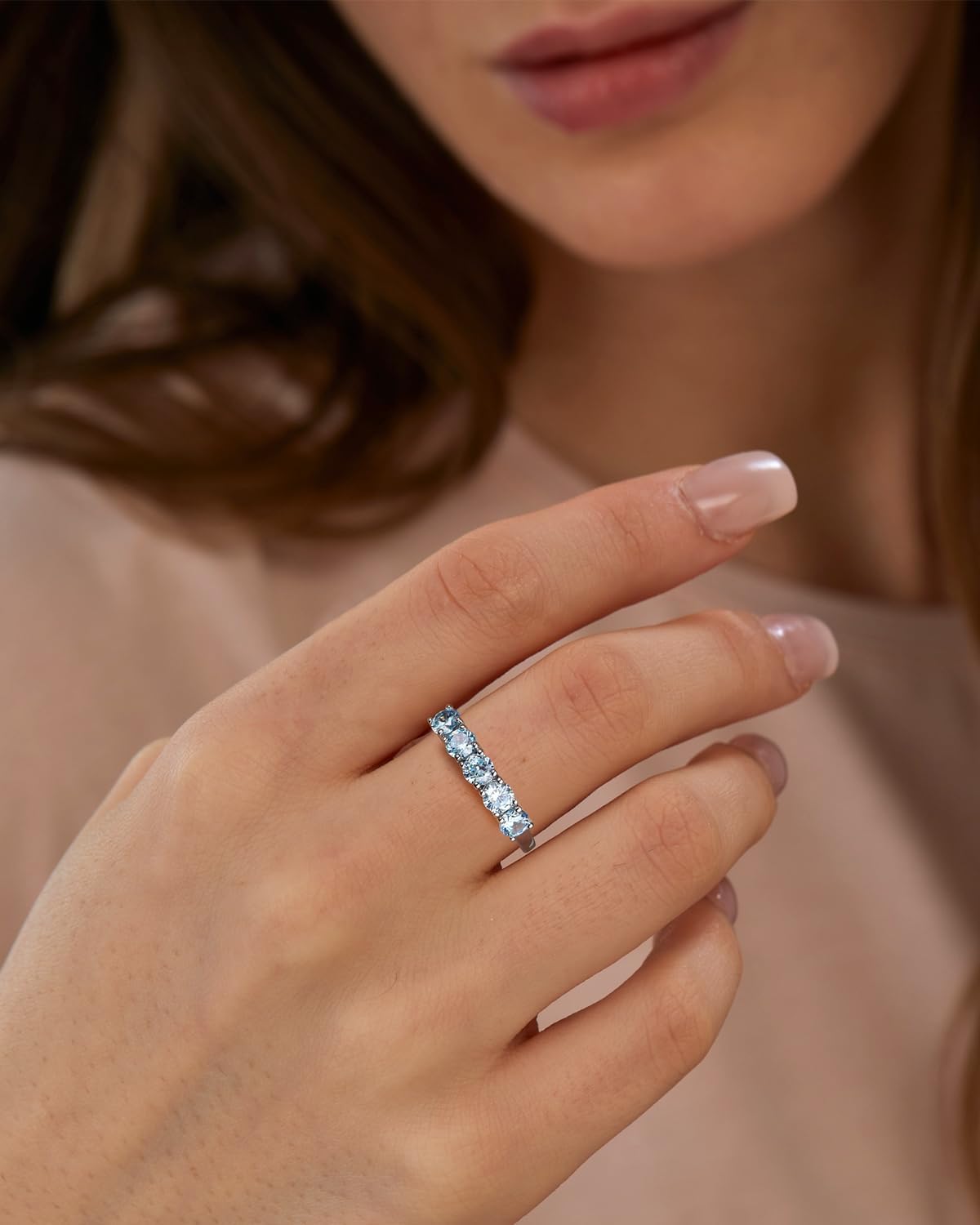 DAYBYDAY 5 Stone Wedding Bands for Women, S925 Sterling Silver Created Ruby/Sapphire/Emerald/Amethyst/Aquamarine/Moissanite Half Eternity Anniversary Rings, Birthstone Jewelry for Wife Mom Grandma Birthday