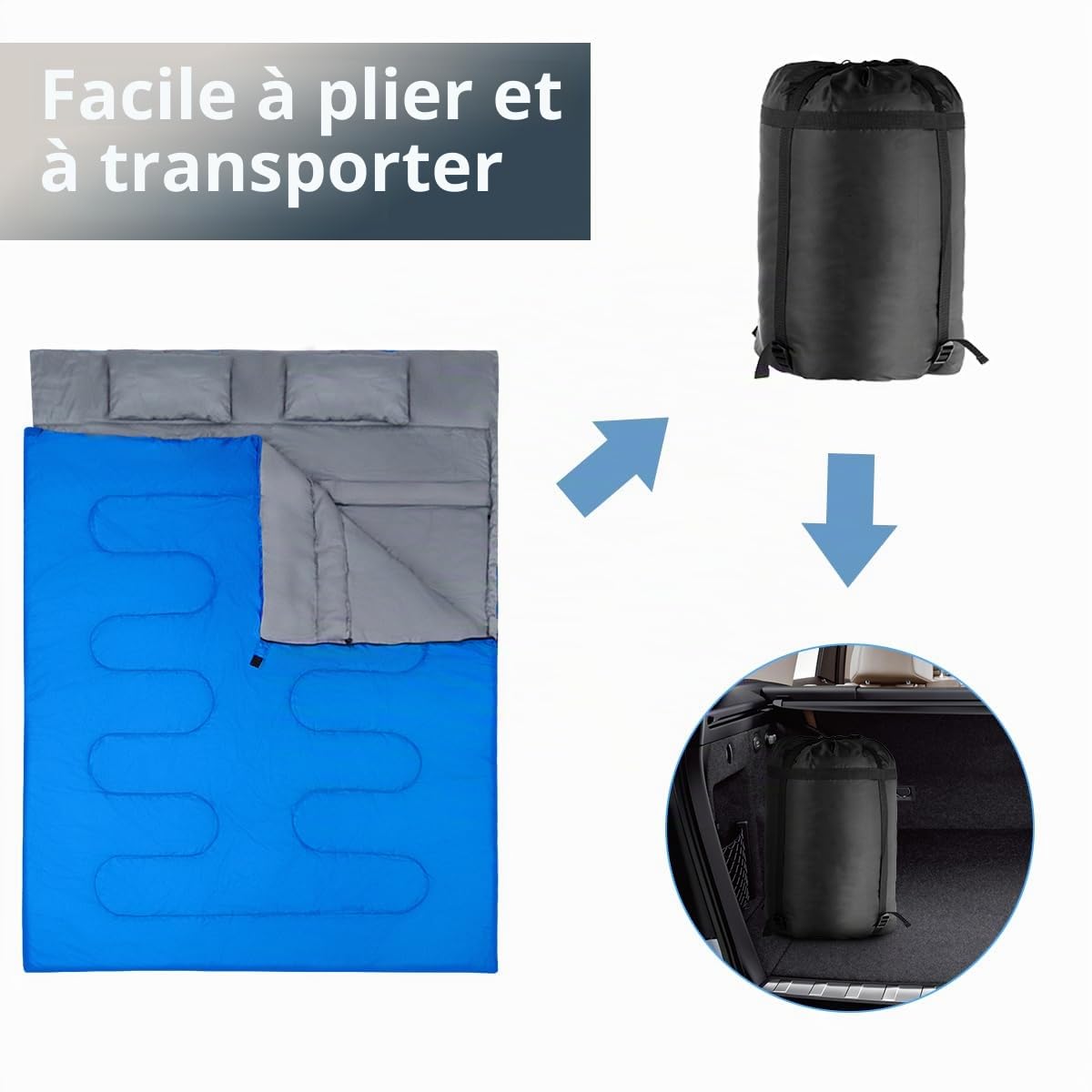 SOARS Sac de couchage double pour 2 personnes, avec 2 oreillers et sac de transport, imperméable, pour adulte, pour camping, randonnée, voyage