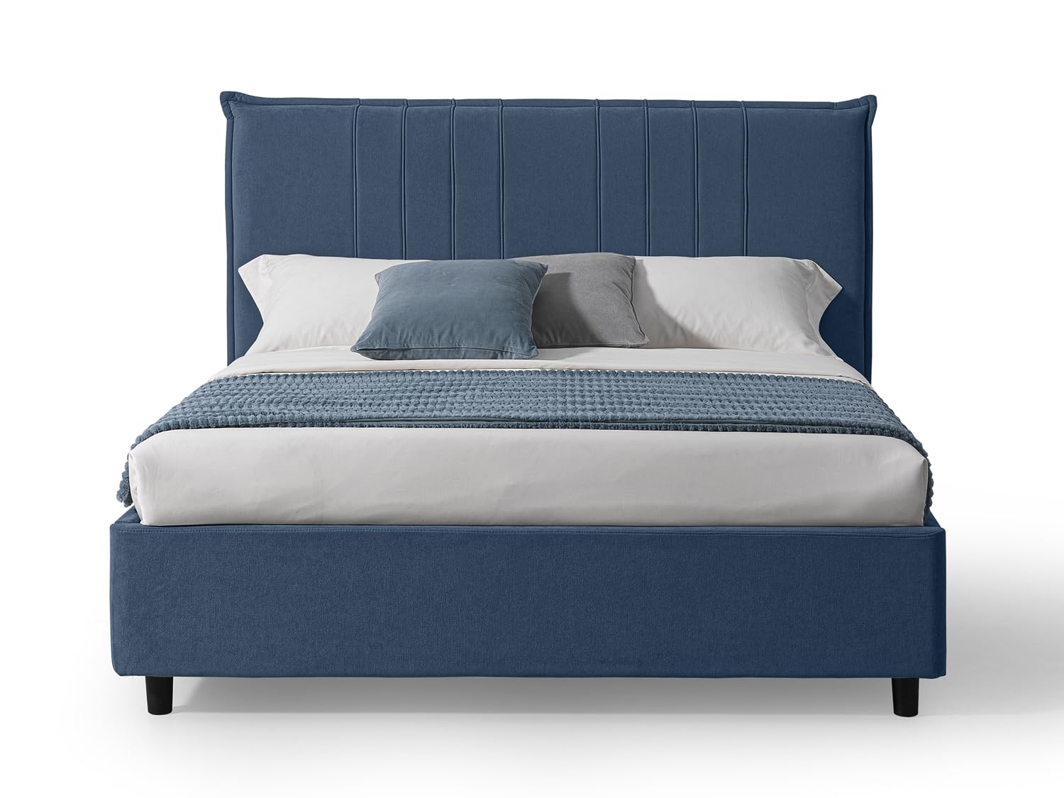 EVERGREENWEB Letto Matrimoniale con Contenitore Salvaspazio 160x190 cm, Testiera in Tessuto Blu Imbottita, Struttura Rinforzata Facile da Montare, Rete a Doghe in Legno, Design Moderno, BILBAO