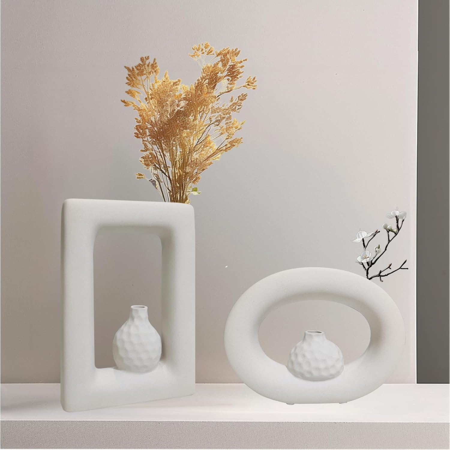 Generic Two-Piece Set of Matte Textured Ceramic vases, Unique Artistic Design, Bohemian Style, Suitable for Home Decoration. (Rectangle and Ellipse), Clay Yellow, TCHP-001