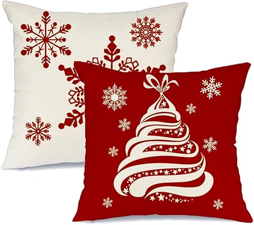 RABUSOFA Juego de 2 fundas de almohada de Navidad de 20 x 20 pulgadas, almohadas decorativas para árbol de Navidad, fundas de almohada de copos de