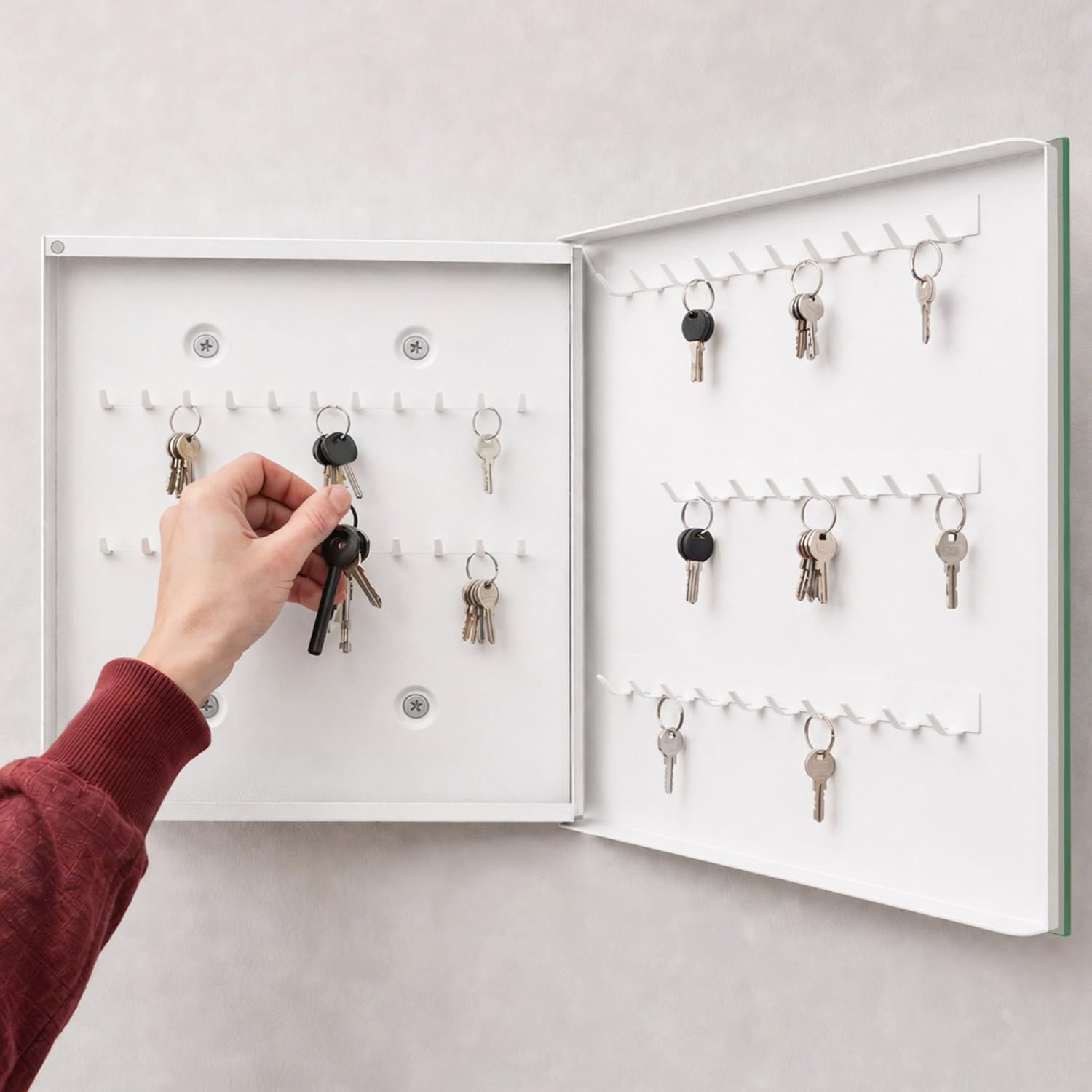 Tulup Armario para Llaves 30x30 cm | Blanco | Derecha | Montaje en Pared | Motivación auténtica | de Metal | Frente Decorativo de Cristal | Kit de Montaje Incluido | Organizador | 50 Ganchos