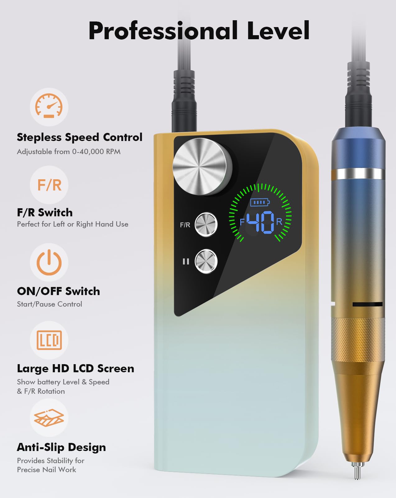 HOMEASY Rechargeable Nail Drill 40000RPM with Bits and HD LCD Screen