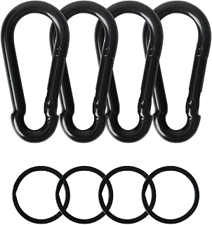 4 Pack Black Carabiner Clips with 4 Key Rings, Spring Carabiner Hook, Metal Locking Carabiner, Rope Link Hooks for Traveling Outdoor Cycling Camping Fishing Hiking Swing Hammock Dog Leash Backpack