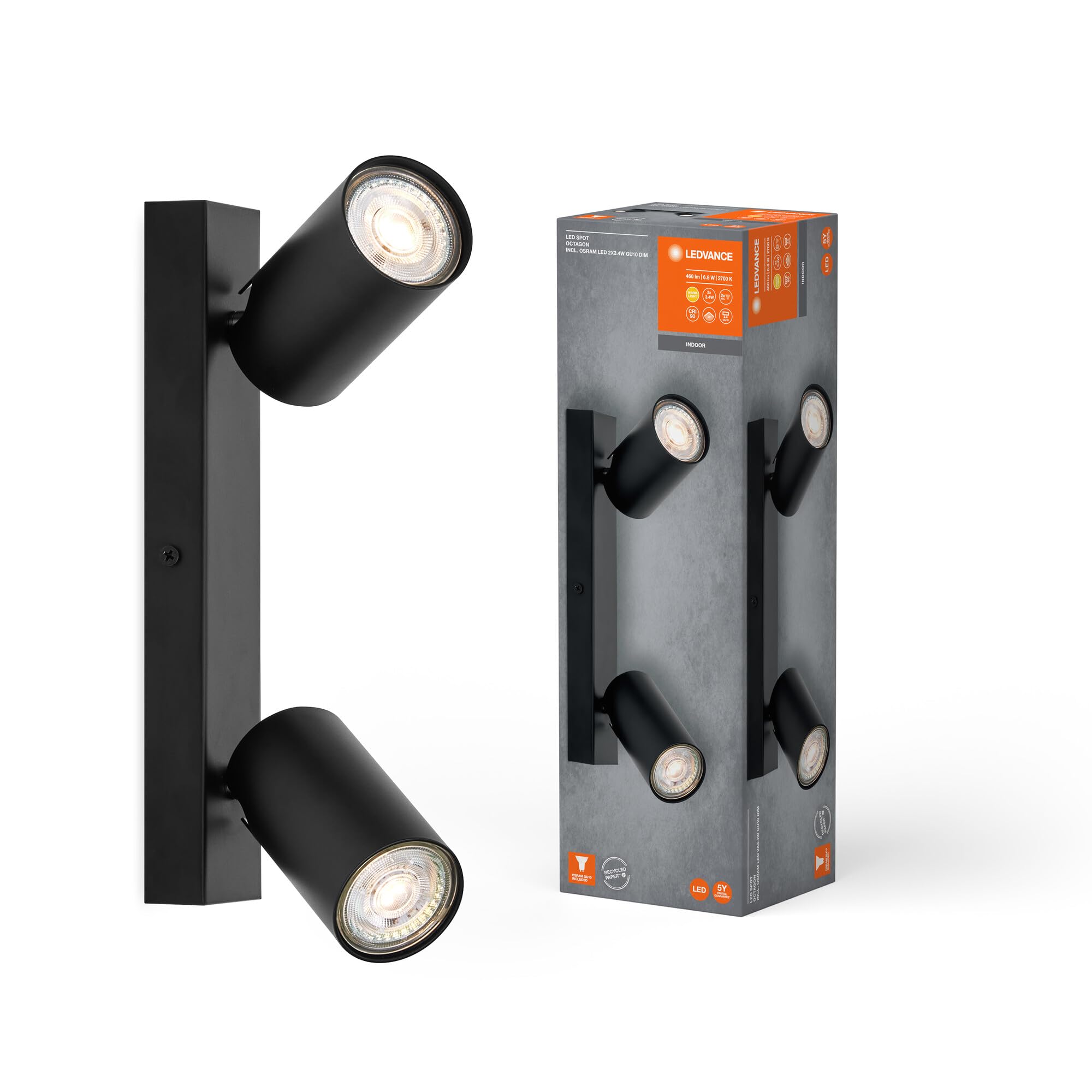 LEDVANCE LED SPOT OCTAGON 2x3,4 W, GU10, 460 lm, nero, 2.700K, bianco caldo, lampada LED intramontabile e sostituibile, ideale per interni, teste orientabili, dimmerabile