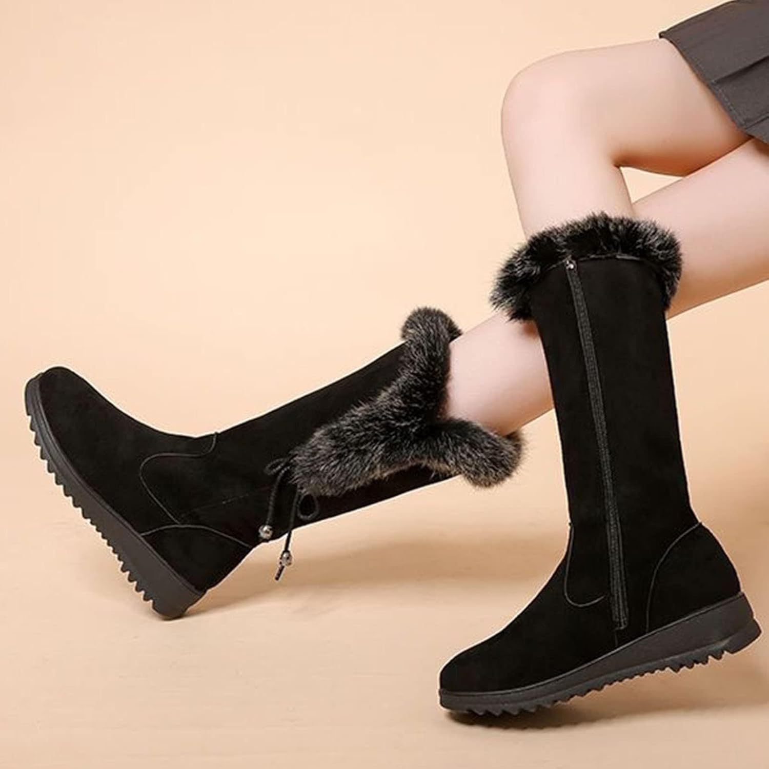 Women's Soft Warm Fur Lining Casual Long Boots, Women's Mid Calf Winter Boot Warm Winter Boots for Women Suede Fur Lined Non Slip Shoes with Zipper