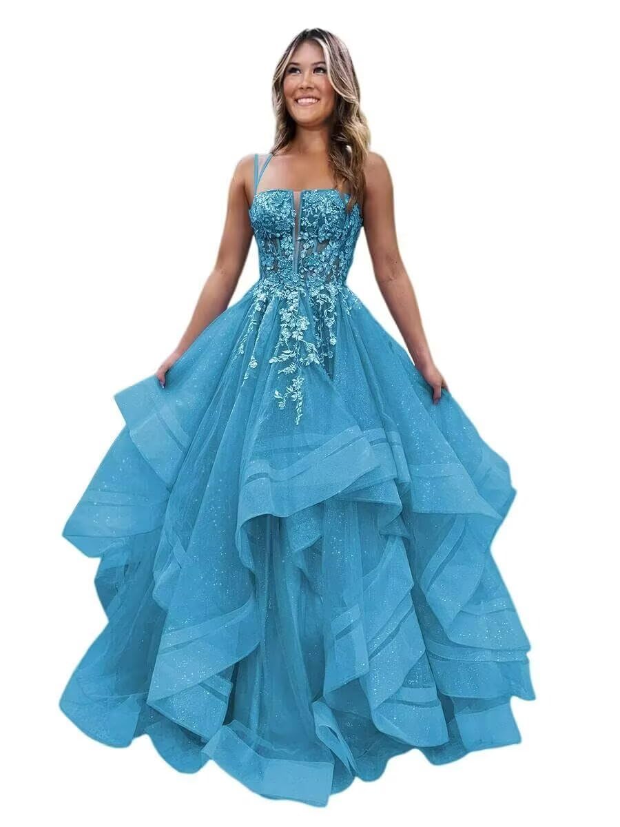 Sparkly Tulle Prom Dresses Long Ball Gown Lace Applique Tiered Formal Evening Gowns for Women Teens 2025